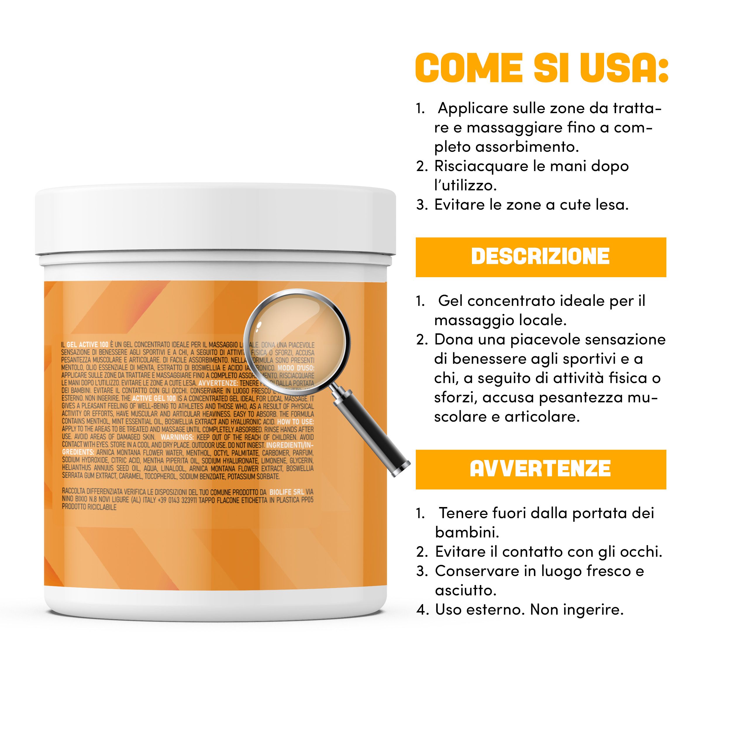 Barattolo "Arnica Active 100" con lente d'ingrandimento. Istruzioni: applicare, massaggiare, risciacquare, evitare gli occhi.