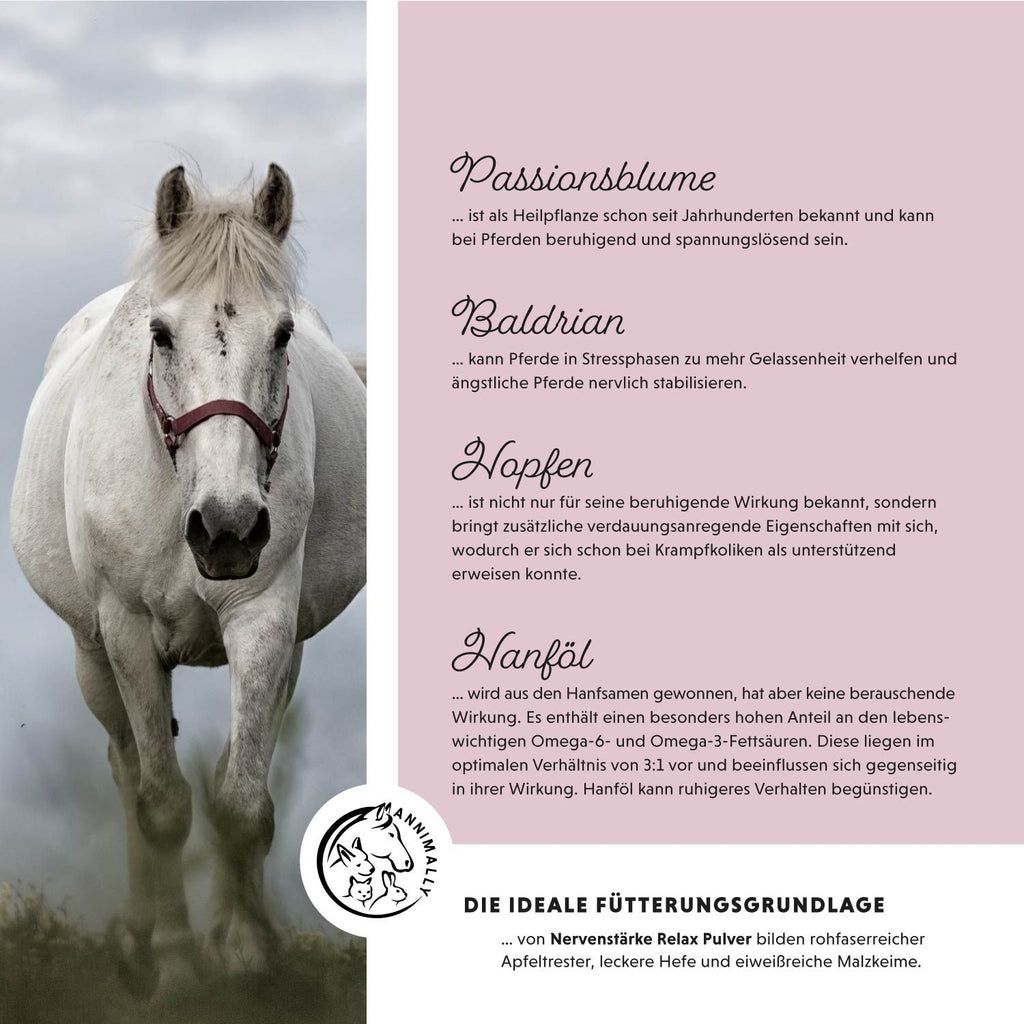 Testo con ingredienti: Passiflora, Valeriana, Luppolo, Olio di canapa. Logo: cavallo e puledro. Cavallo che corre.