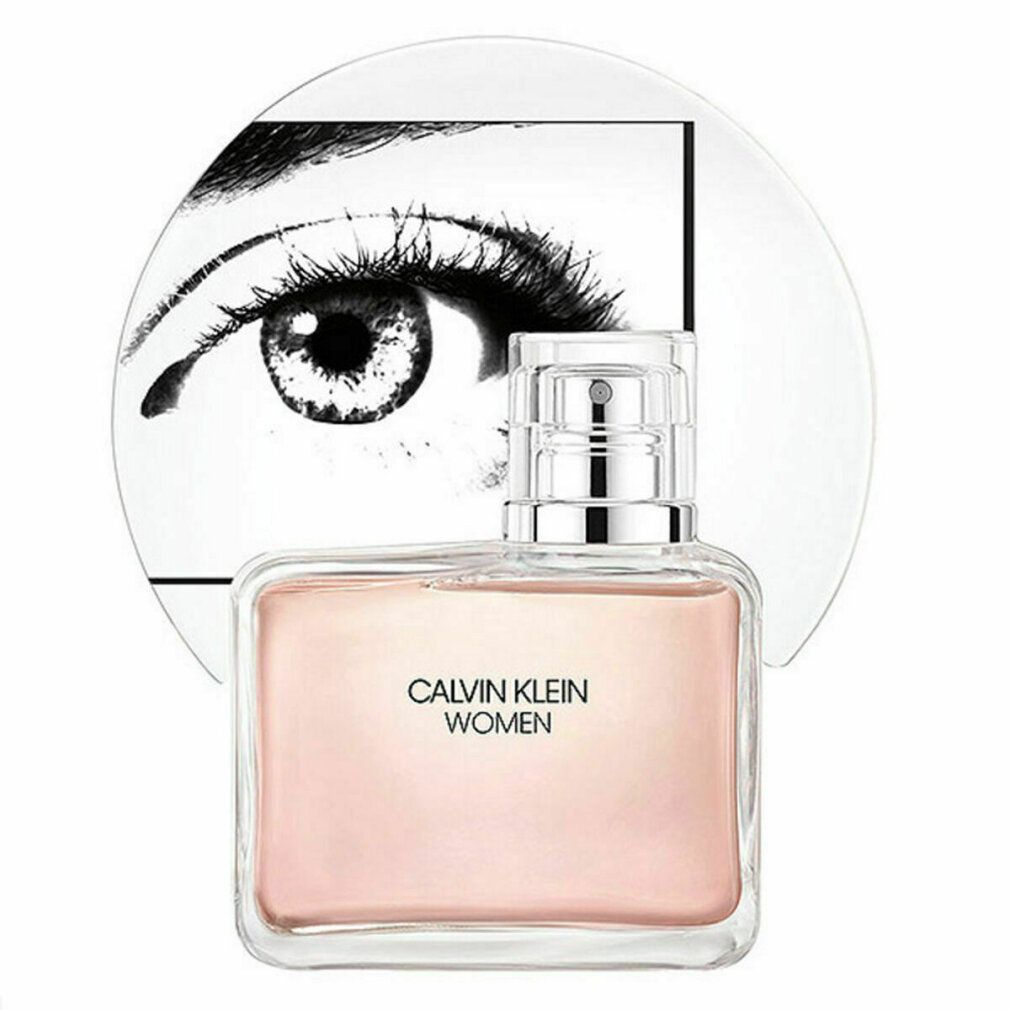 Flacone in vetro con liquido rosa. Scritta: CALVIN KLEIN WOMEN. Sfondo: illustrazione occhio.