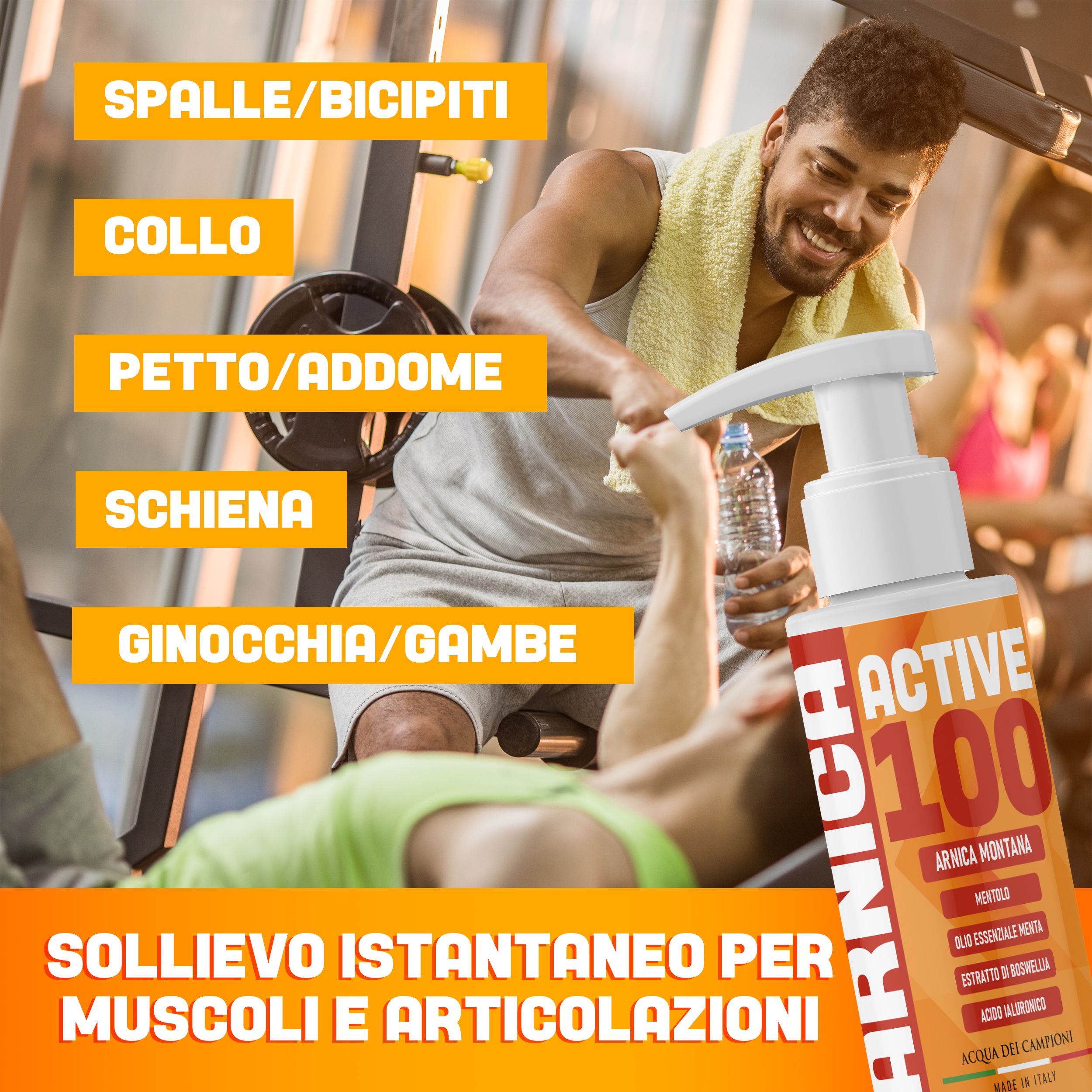 Flacone di gel con dosatore. Scritta ACTIVE 100, ARNICA. Testo: SOLLIEVO ISTANTANEO PER MUSCOLI E ARTICOLAZIONI.