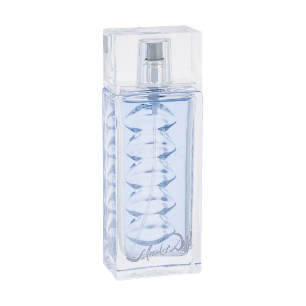 Flacone blu con design labbra. Chiusura trasparente. Scritta: Salvador Dali. Eau de Toilette Natural Spray.