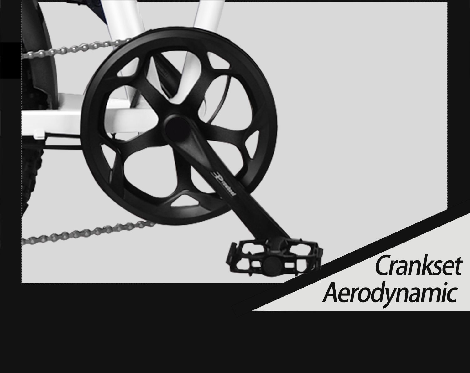 Guarnitura della bicicletta nera. Design aerodinamico. Testo "Crankset Aerodynamic".