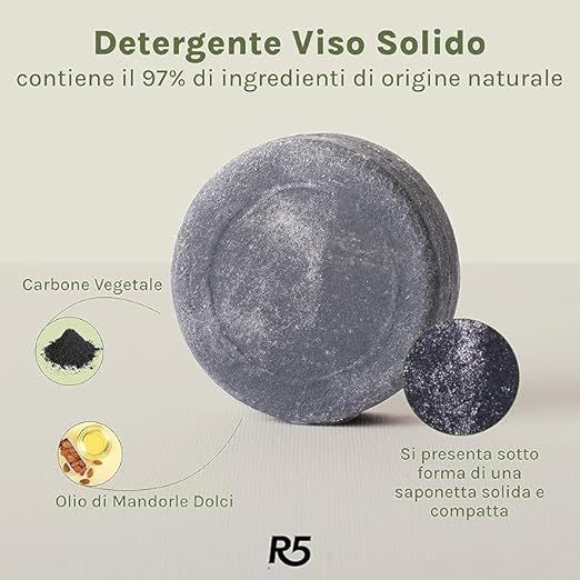 Detergente Viso Solido rotondo. 97% ingredienti naturali. Con Olio di Mandorle Dolci e Carbone Vegetale. Logo R5.