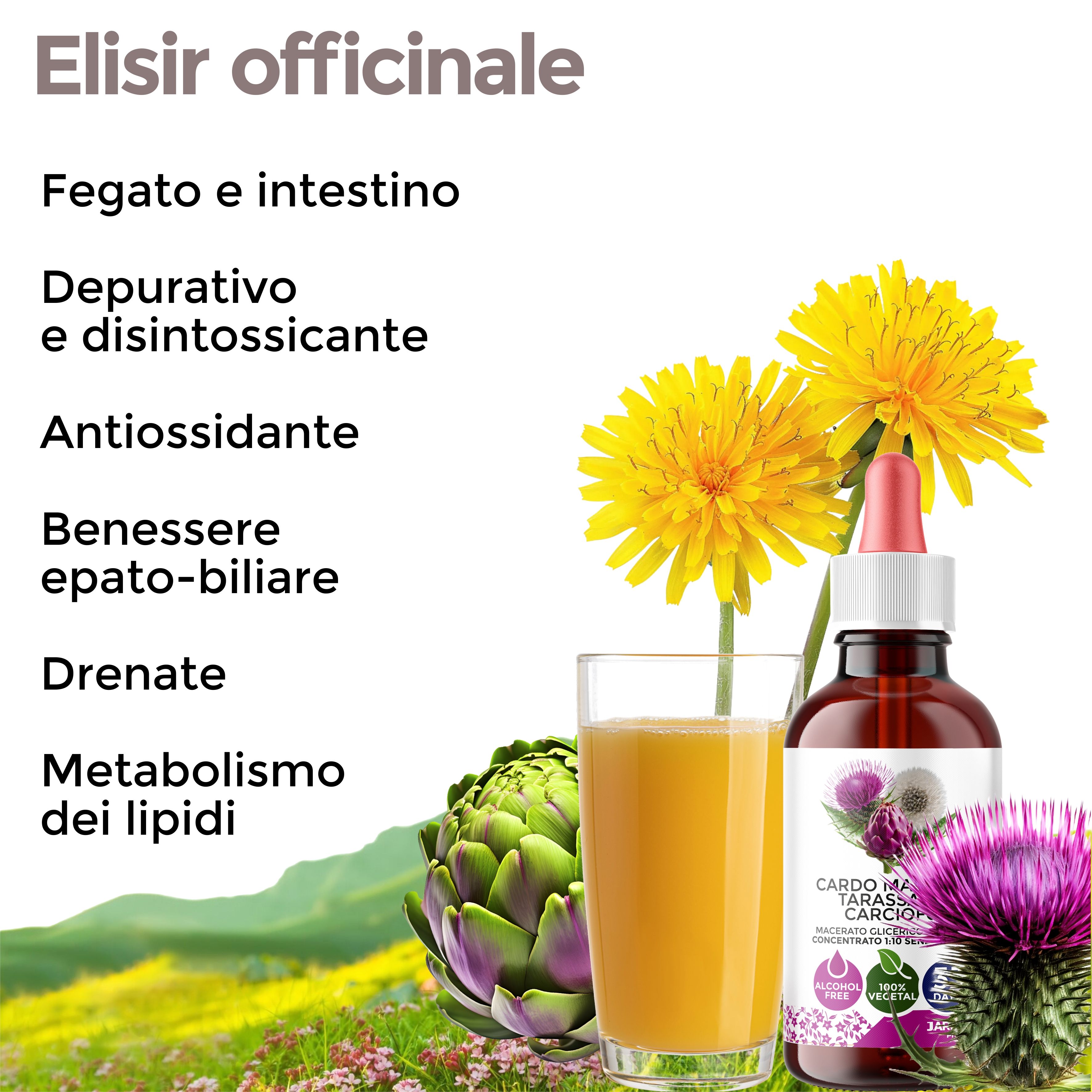 Bicchiere con liquido giallo, flacone con contagocce, fiori e testo. Testo: Fegato e intestino, Depurativo e disintossicante.