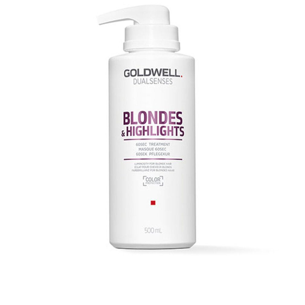 Flacone bianco con dosatore. Scritta: GOLDWELL, BLONDES & HIGHLIGHTS, 60 secondi Treatment. Volume: 500ml.