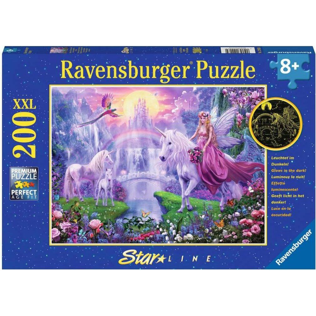 Scatola di puzzle con motivo unicorno. Contiene 200 pezzi. Con il logo Ravensburger. Adatto a bambini dagli 8 anni in su. Formato XXL.