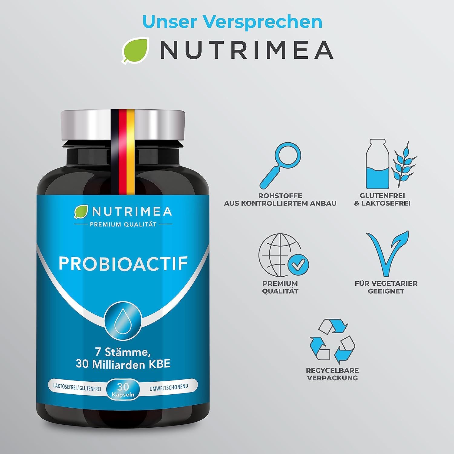 Flacone PROBIOACTIF. Icone: materie prime, senza glutine, vegetariano, imballaggio riciclabile, qualità premium. Bandiera tedesca.