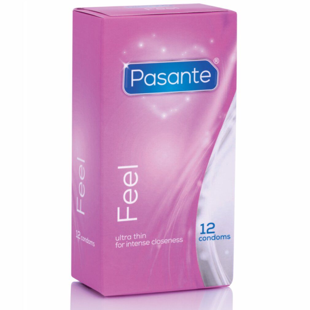Scatola rosa di preservativi Pasante Feel. Scritta: ultra thin for intense closeness, 12 preservativi.