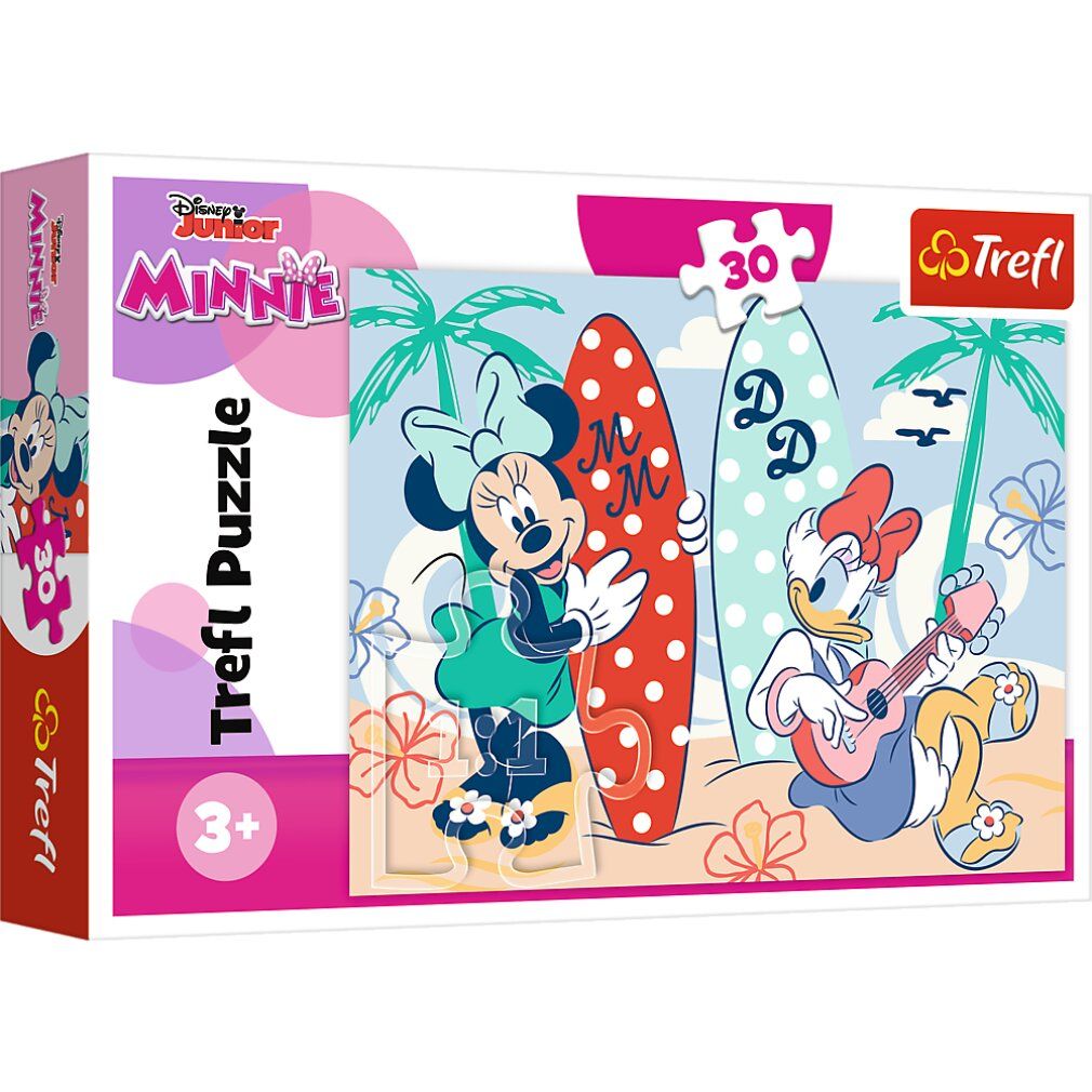 Puzzle Trefl Minnie, 30 pezzi. Confezione con Minnie e Paperina sulla spiaggia. Logo Disney Junior.