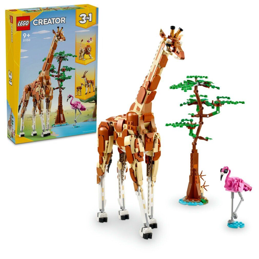 Set LEGO Creator 3in1 giraffa. Include giraffa, albero, fenicottero e confezione. Scatola giallo-verde con immagini del prodotto.