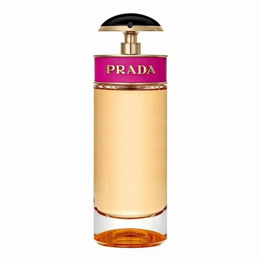 Flacone con fascia rosa e tappo nero. Scritta dorata Prada. Flacone trasparente.