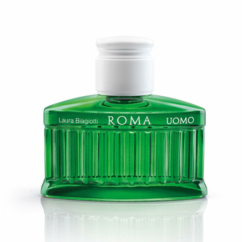 Flacone di profumo verde con tappo bianco. Scritta: ROMA UOMO di Laura Biagiotti.