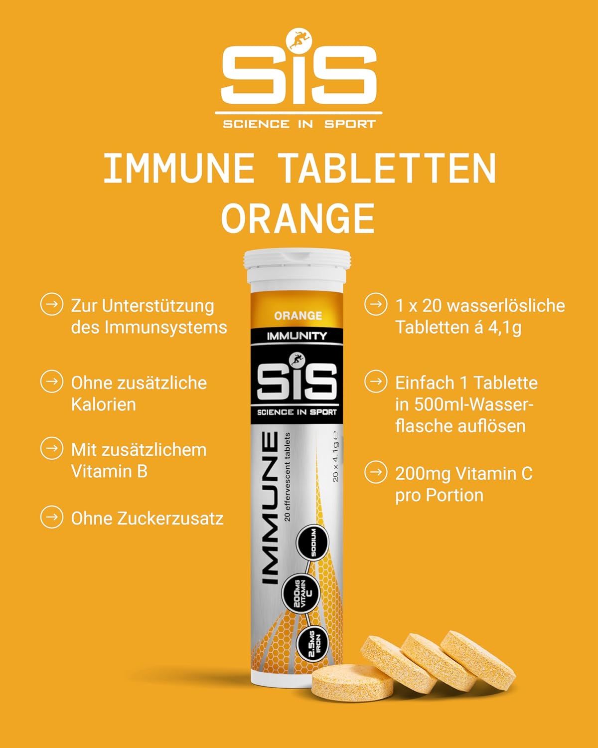 Compresse effervescenti arancioni in tubo. Scritta: SIS IMMUNE, 20 compresse. Quattro compresse.
