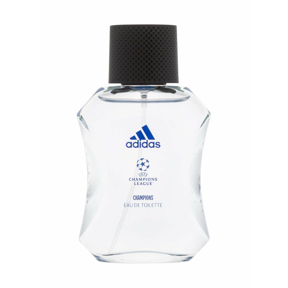 Flacone in vetro con tappo nero. Logo Adidas e scritta Champions League. Eau de toilette.