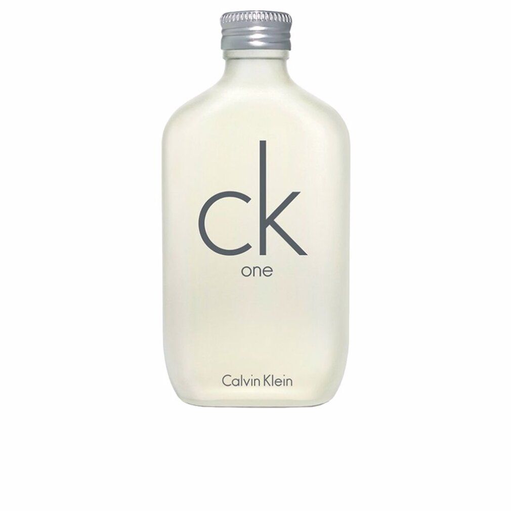 Flacone di Calvin Klein Ck One. Flacone con tappo argentato, contenuto bianco e scritta grigia. Logo.