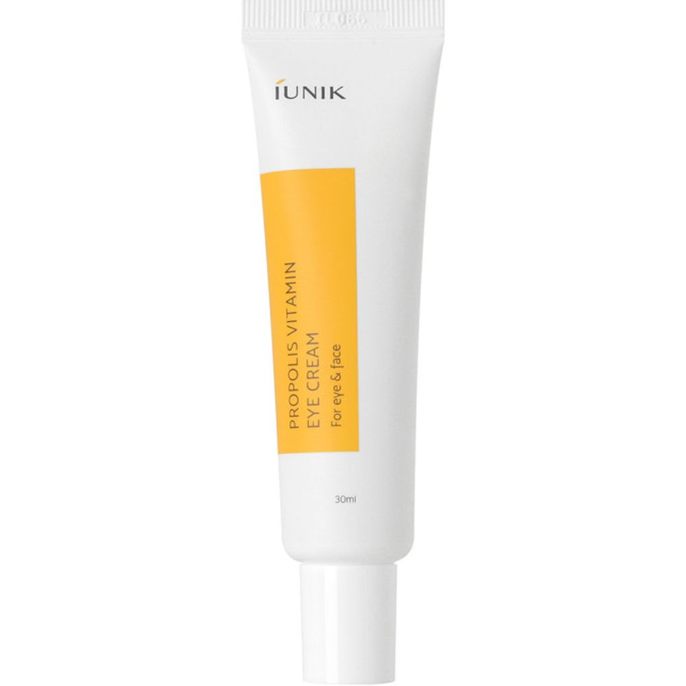 Tubo bianco con etichetta gialla. Scritta: PROPOLIS VITAMIN EYE CREAM, iUNIK. Per occhi e viso. 30ml.
