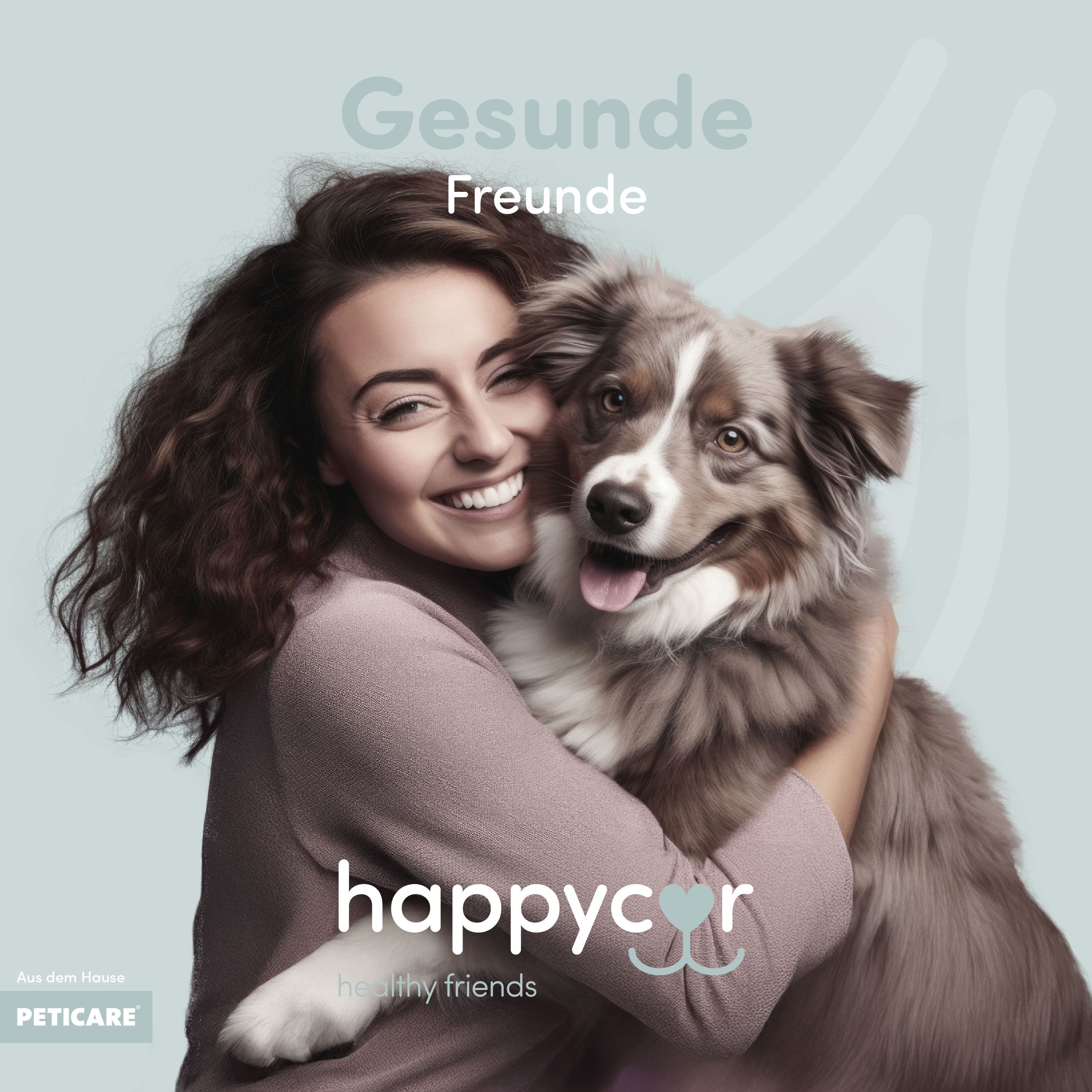 Una donna abbraccia felicemente un cane. Logo Happycor "Amici sani".