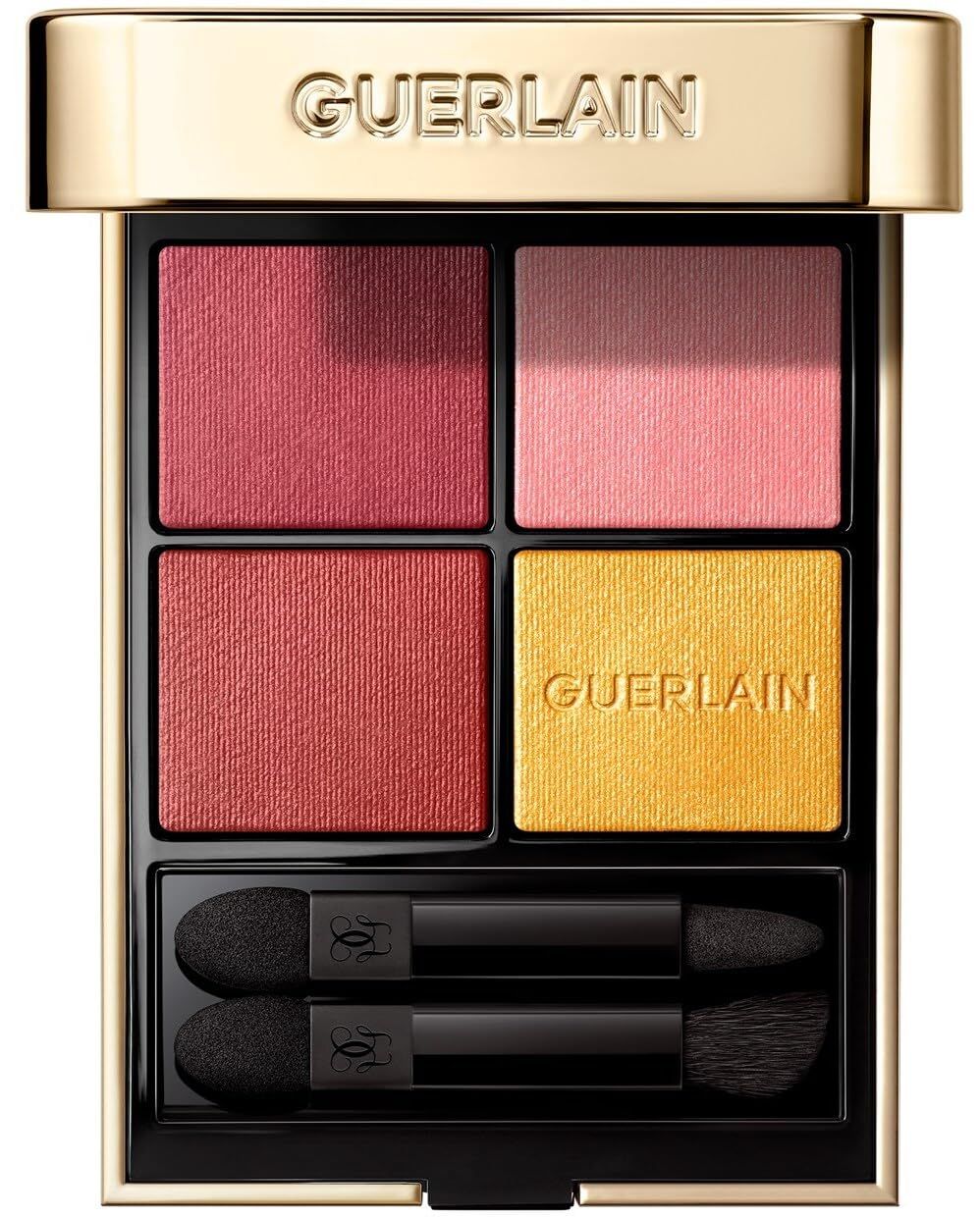 Palette ombretti a quattro colori. Astuccio dorato con scritta « GUERLAIN ». Due applicatori. Colori: rosso, rosa, oro.
