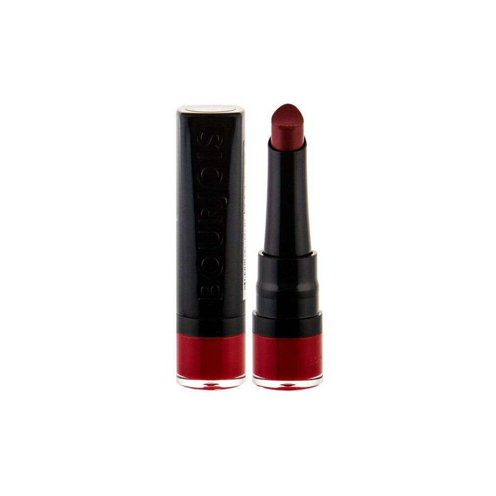 Rossetto Bourjois Rouge Fabuleux, rosso. Stick nero con nome del prodotto. Rossetto estratto.