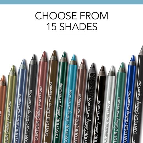 Una fila di 15 matite eyeliner impermeabili in vari colori, tra cui marrone, blu, verde e nero.