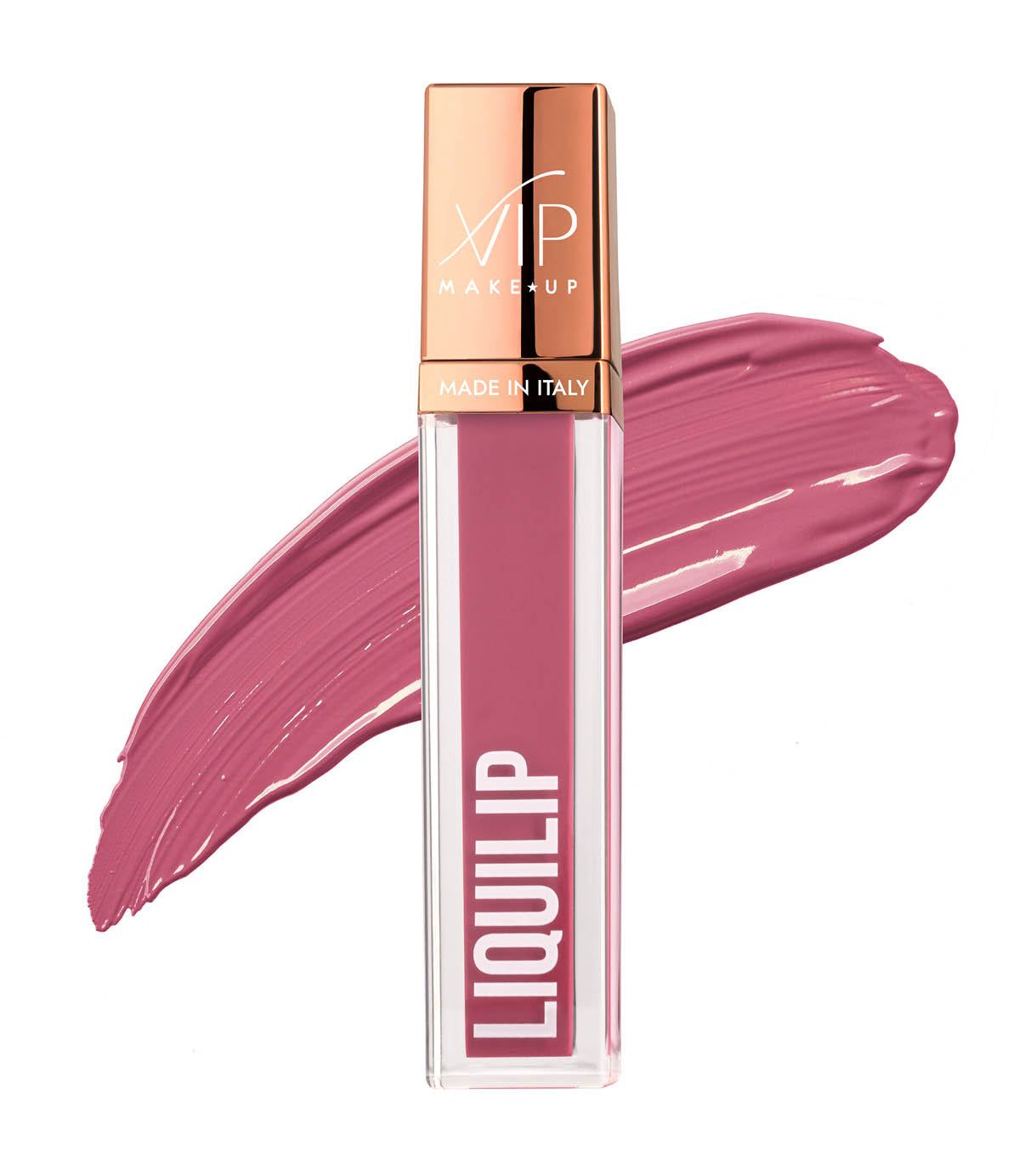 Rossetto liquido in contenitore trasparente con tappo color oro rosa. Stampato "LIQUILIP" e "MADE IN ITALY".
