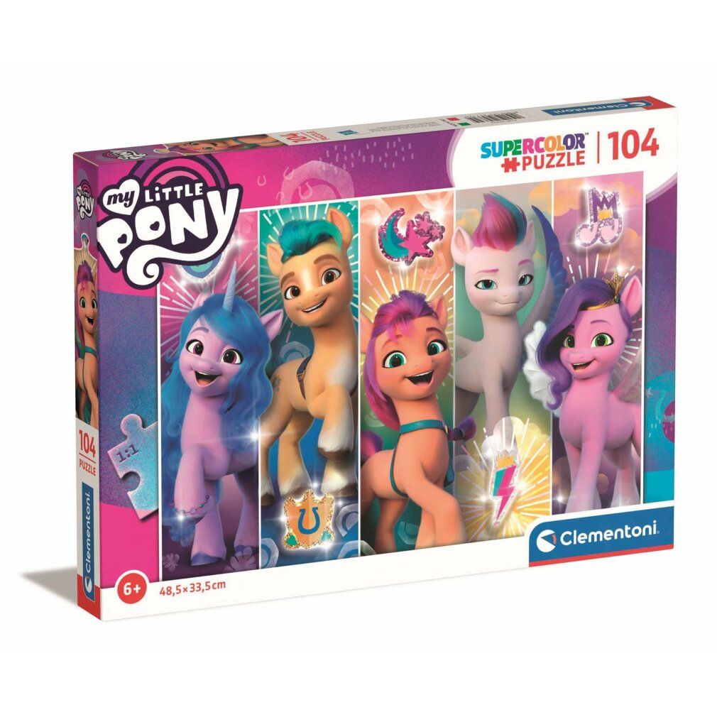 Puzzle Clementoni My Little Pony, 104 pezzi. Confezione con personaggi pony. Dimensioni: 48,5 x 33,5 cm. Puzzle Supercolor.
