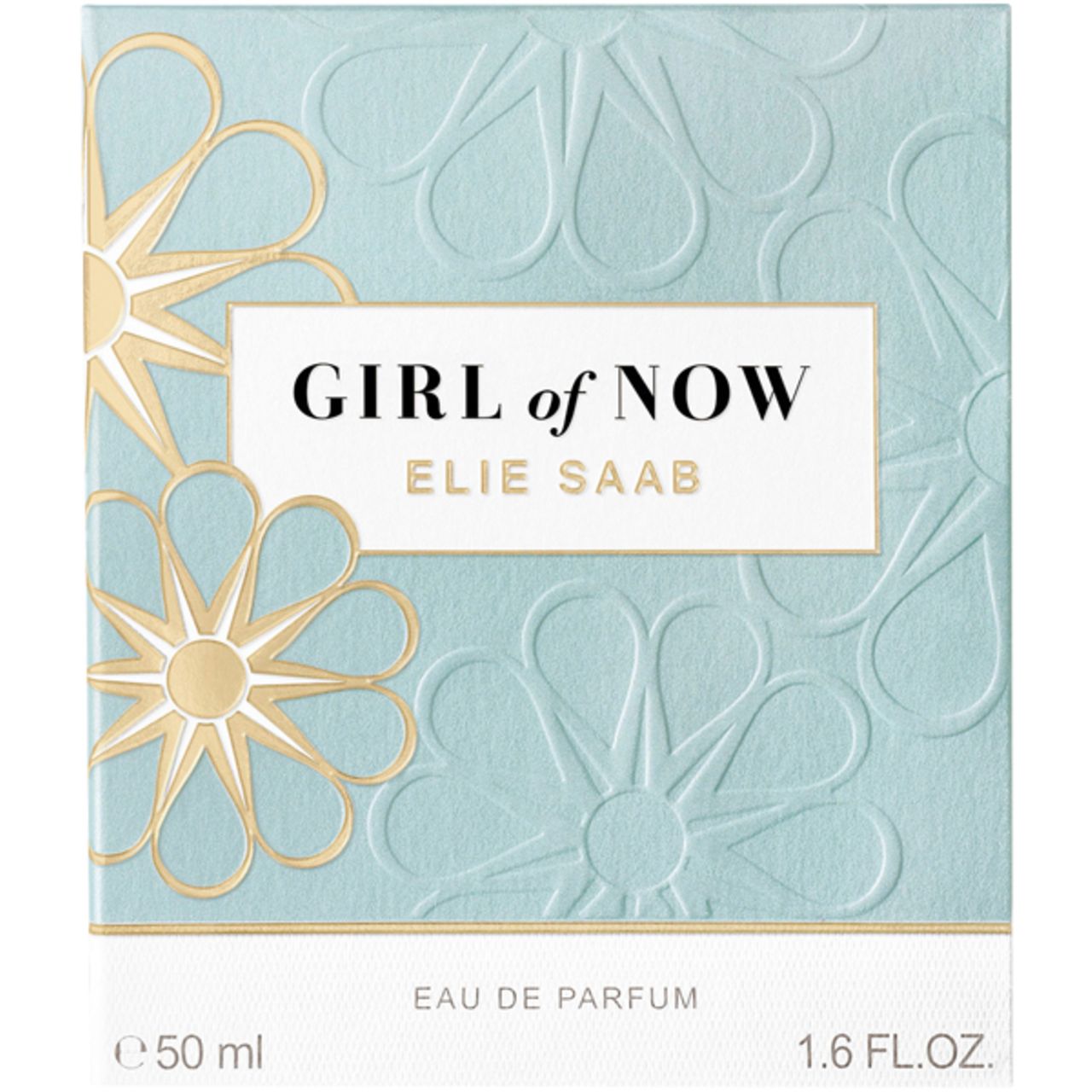 Flacone di profumo e scatola. Scritta: GIRL of NOW, ELIE SAAB. Scatola con motivo floreale e testo.