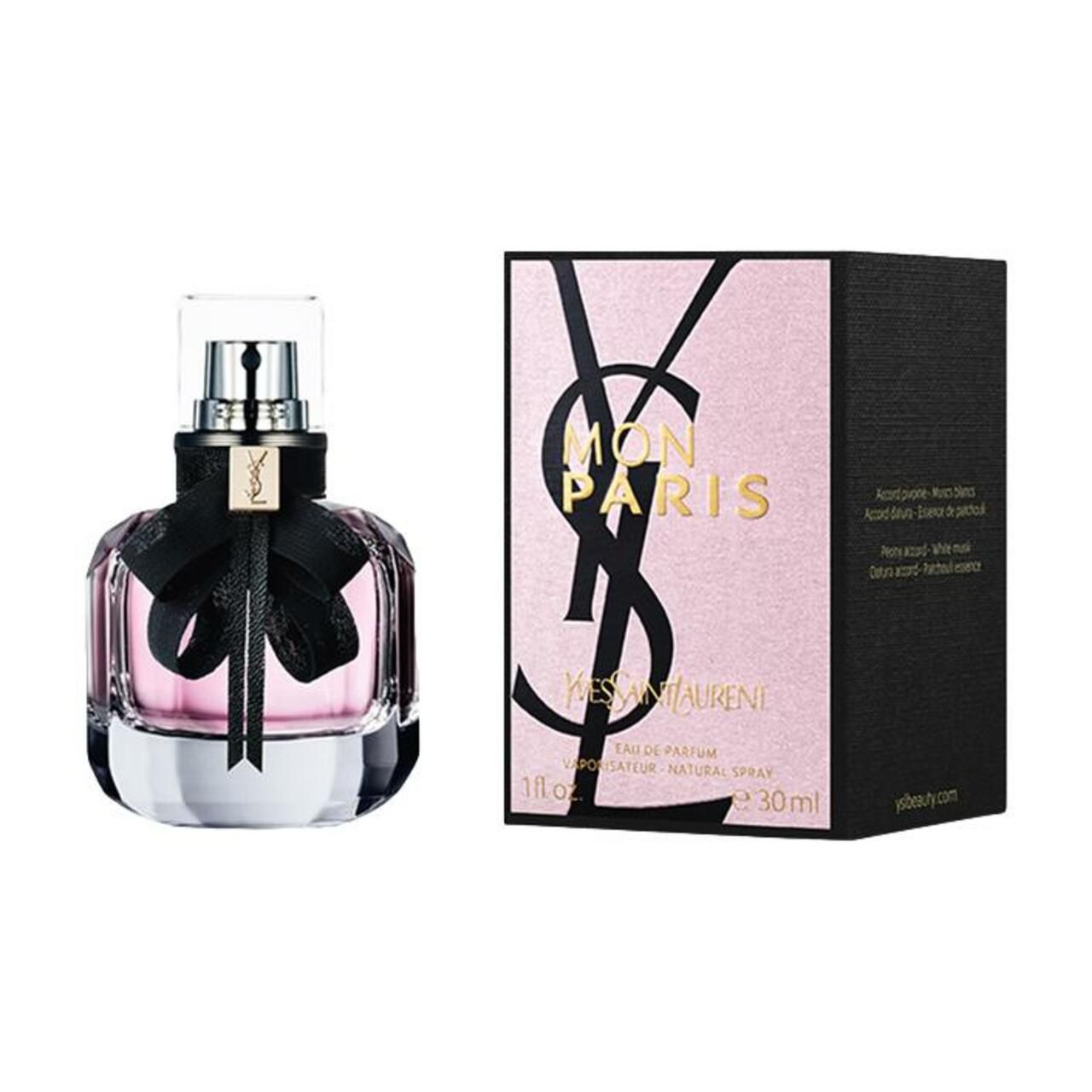 Flacone di profumo e confezione. Flacone con fiocco nero. Confezione con logo e nome del prodotto.