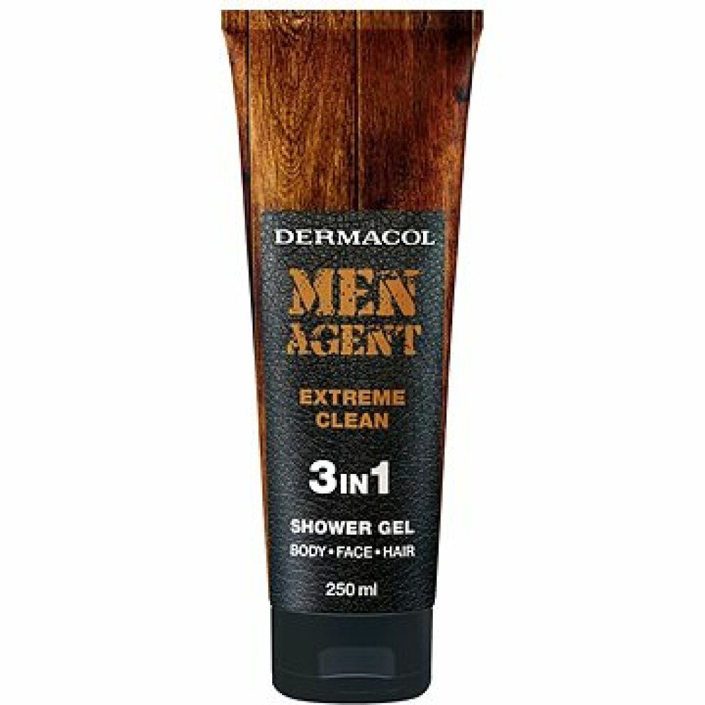 Tubo di gel doccia con motivo legno. Etichetta nera con "DERMACOL", "MEN AGENT", "3in1" e informazioni. Tappo nero.