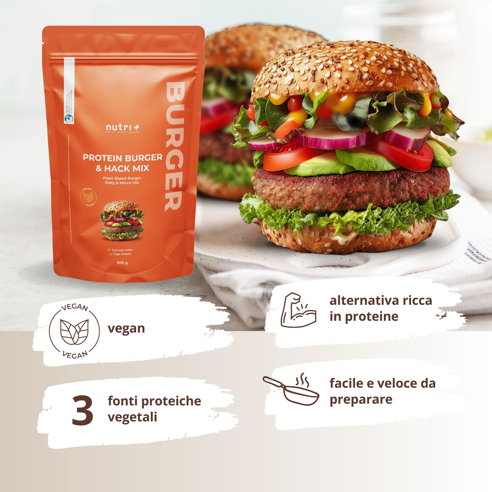 Confezione e hamburger. Testo: Protein Burger & Hack Mix. Sigillo vegano. 3 fonti proteiche vegetali. Alternativa ricca di proteine.
