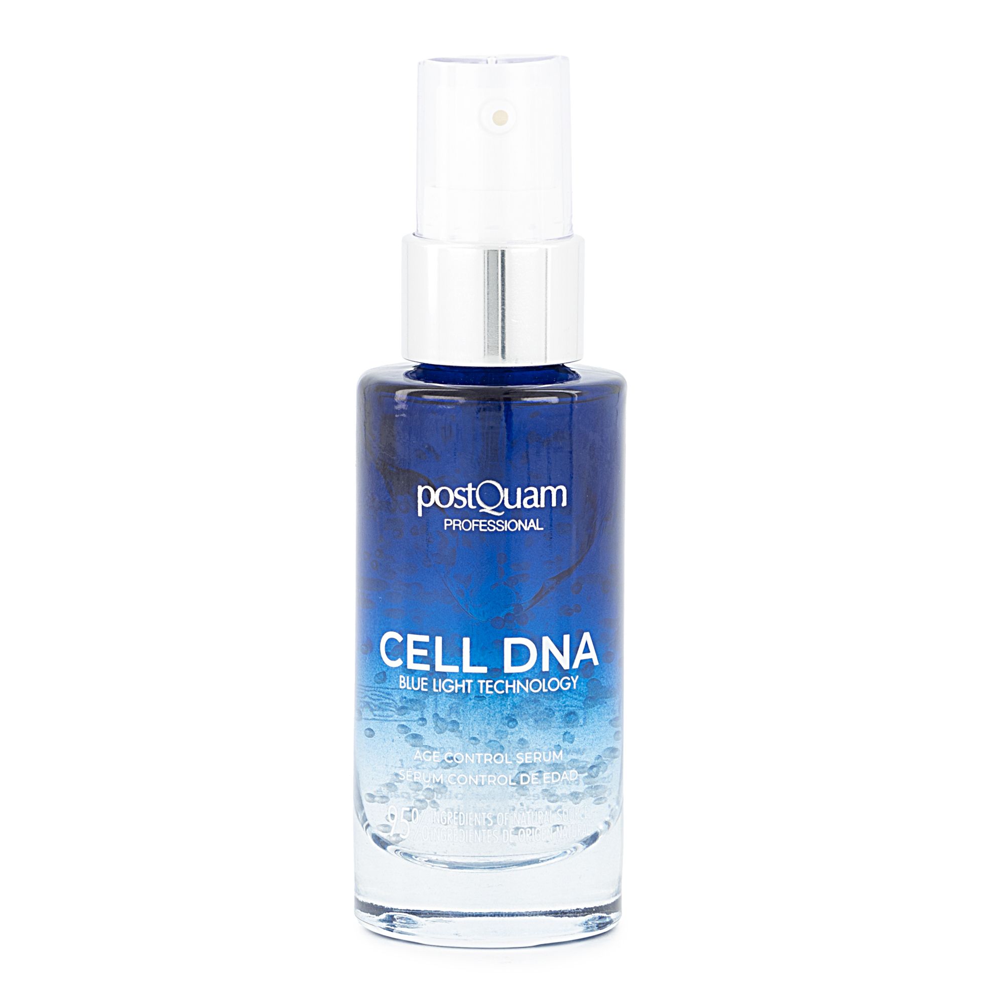 Flacone di siero blu con vaporizzatore. Scritta CELL DNA, Postquam Professional. Sfumatura di colore blu.