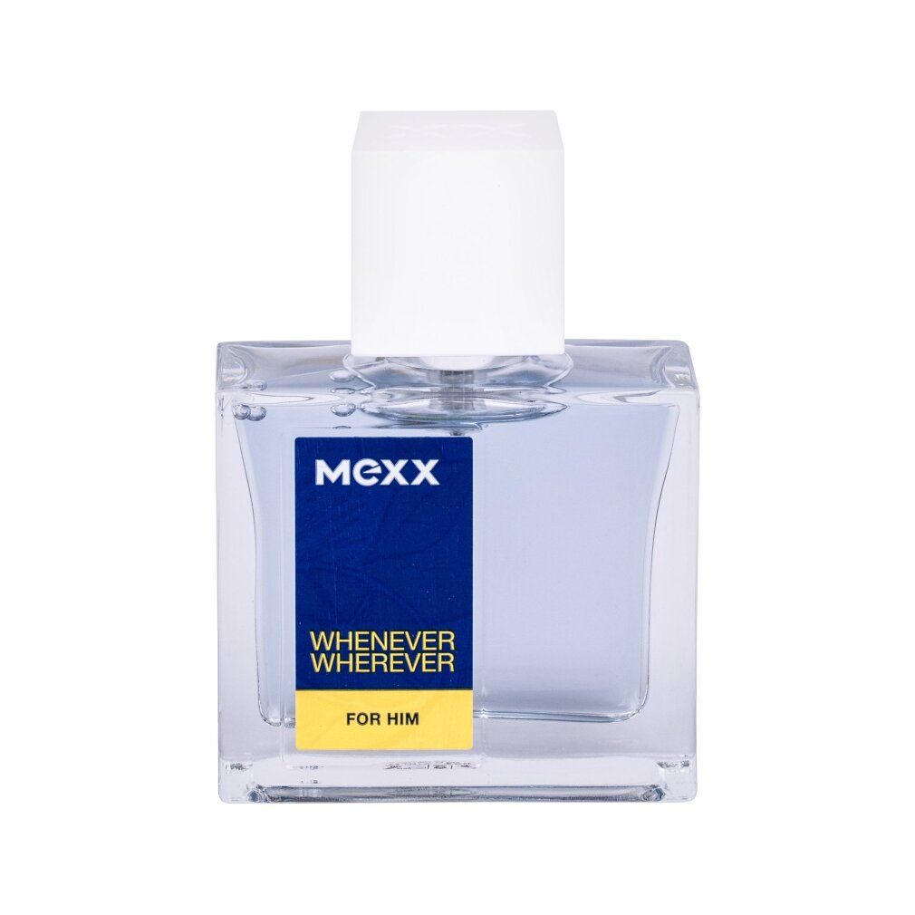 Flacone in vetro con tappo bianco. Etichetta con MEXX, Whenever Wherever, For Him. Forma rettangolare.