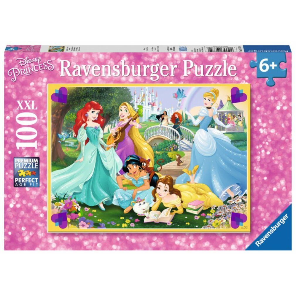 Scatola puzzle con principesse Disney. 100 pezzi XXL. Marchio Ravensburger. Adatto a bambini dai 6 anni in su. Con immagine del prodotto.
