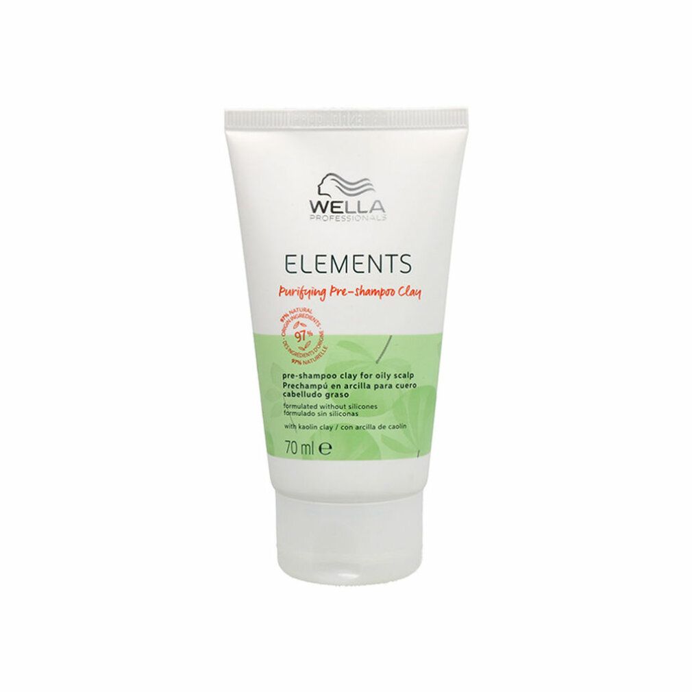 Tubo bianco Wella Elements. Scritto: Purifying Pre-shampoo Clay, 91% ingredienti naturali. Contenuto 70 ml.