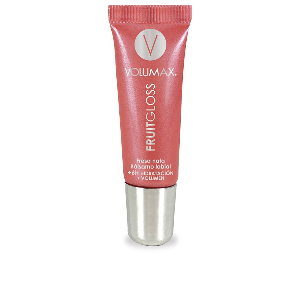 Tubo rosa con tappo argentato. VOLUMAX FRUITGLOSS, sotto FRESA NATA. Logo V in alto.