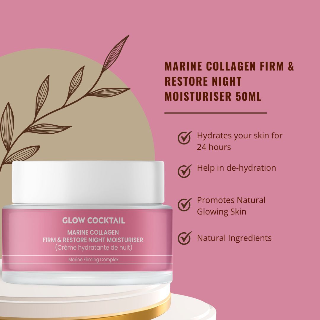 Vasetto di crema con etichetta rosa. Testo: Glow Cocktail, Marine Collagen, Firm & Restore Night Moisturiser. Coperchio bianco. Sfondo con testo e ramo.