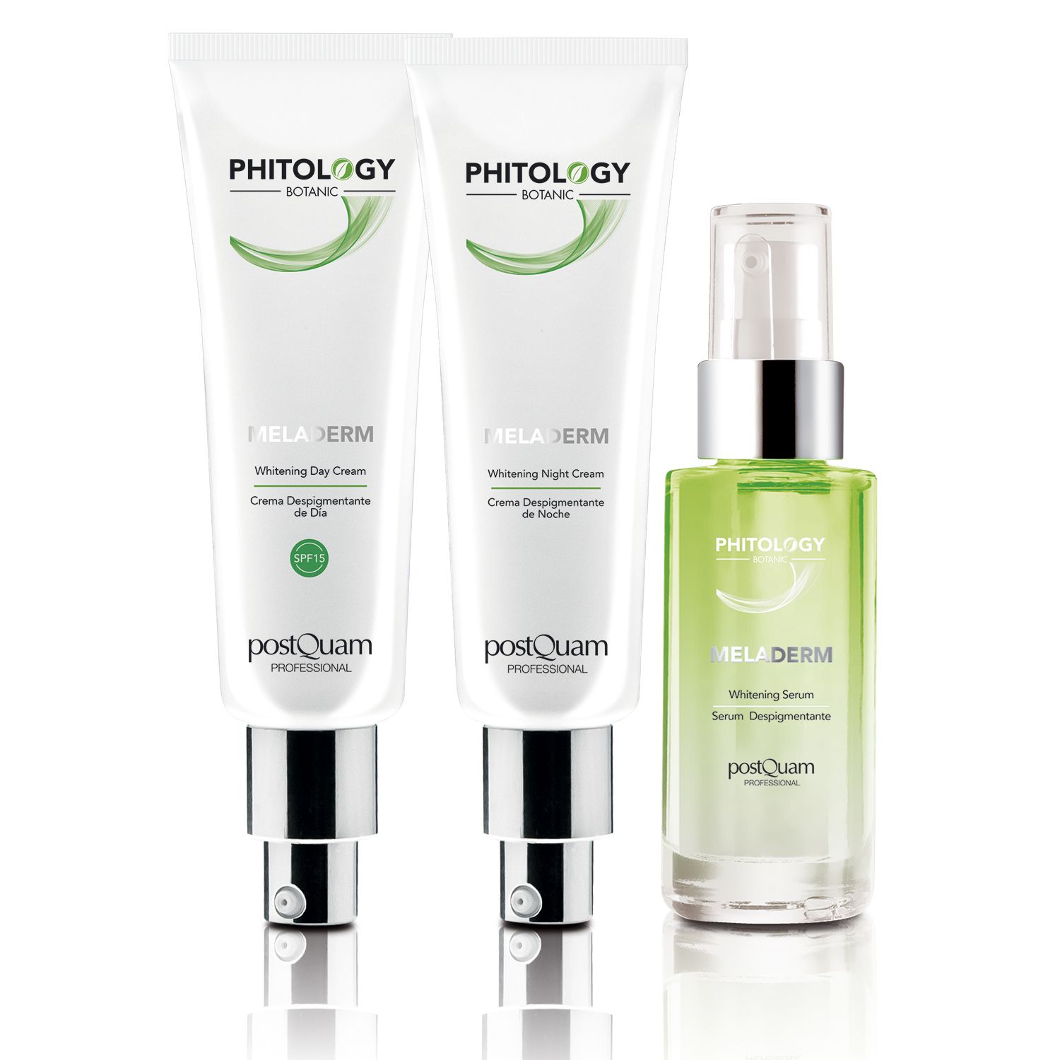 Tre prodotti: due tubi bianchi e una bottiglia verde. Testo: PHITOLOGY BOTANIC, MELADERM. Chiusure argentate.