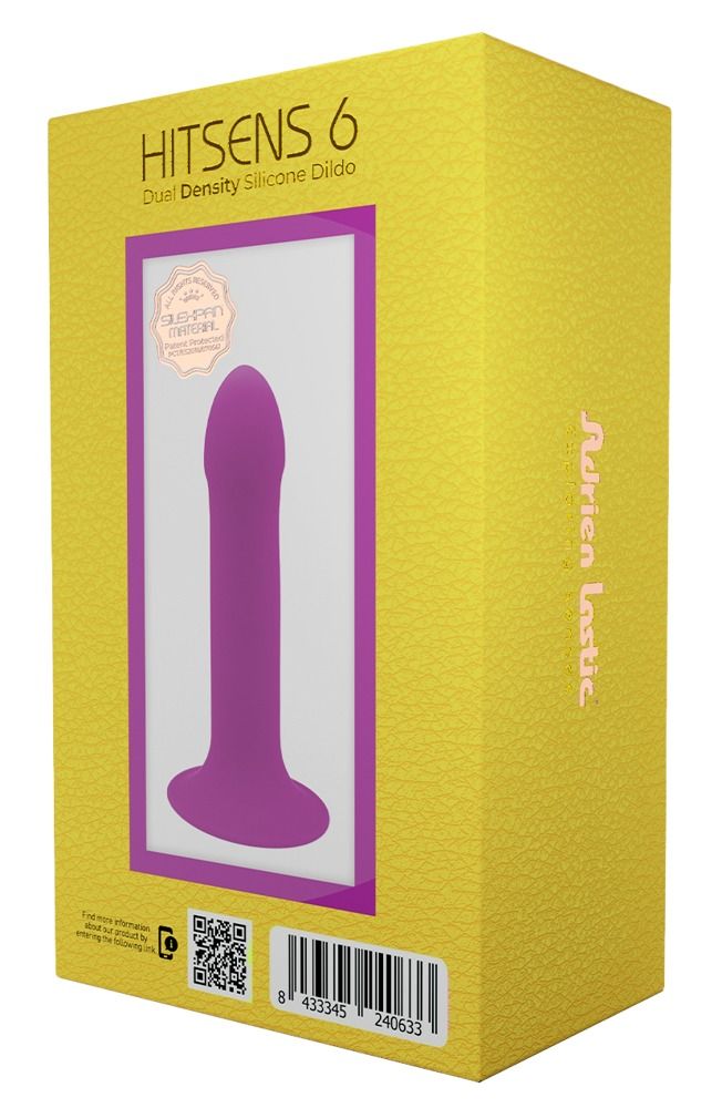 Confezione gialla con dildo viola. Scritta: Hitsens 6, Dual Density Silicone Dildo. Marchio: Adrien Lastic.