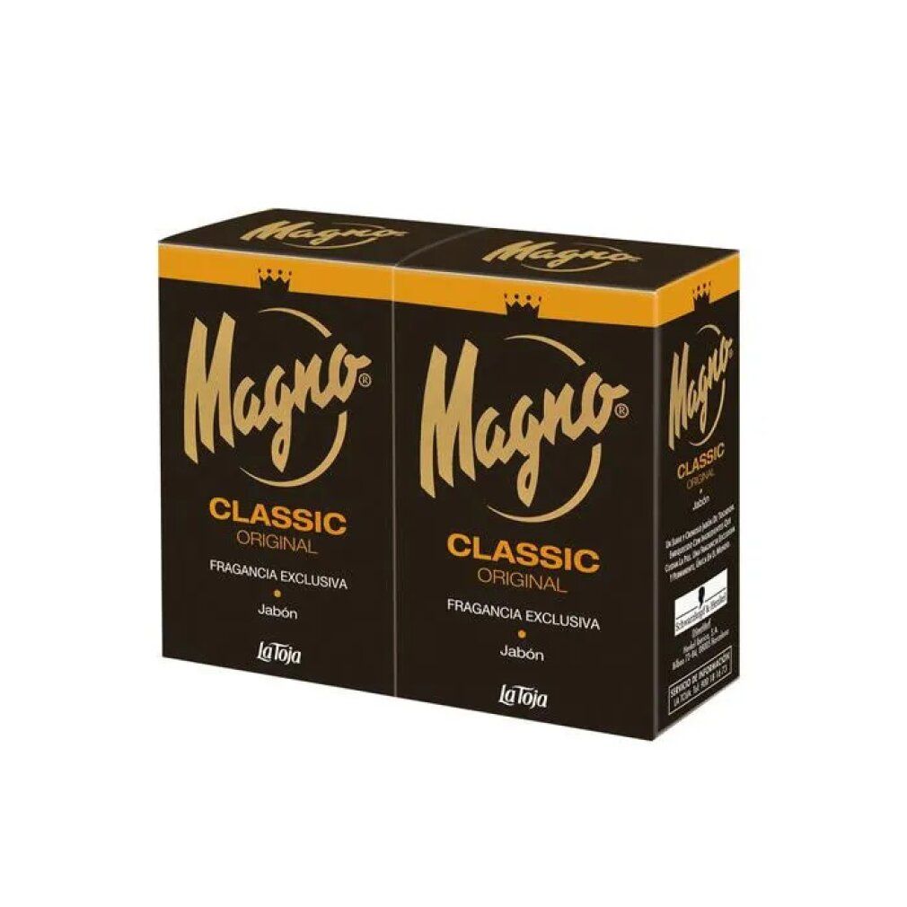 Due confezioni di sapone affiancate. Confezione nera con logo e testo dorati. Scritta: Magno Classic Original.