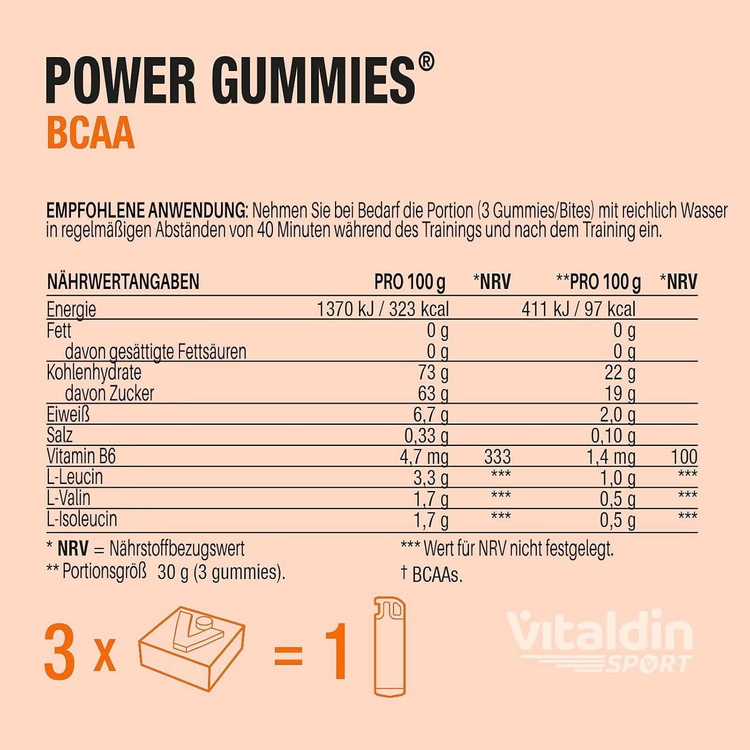 Informazioni nutrizionali per Power Gummies BCAA. Contiene informazioni per 100g e per porzione.