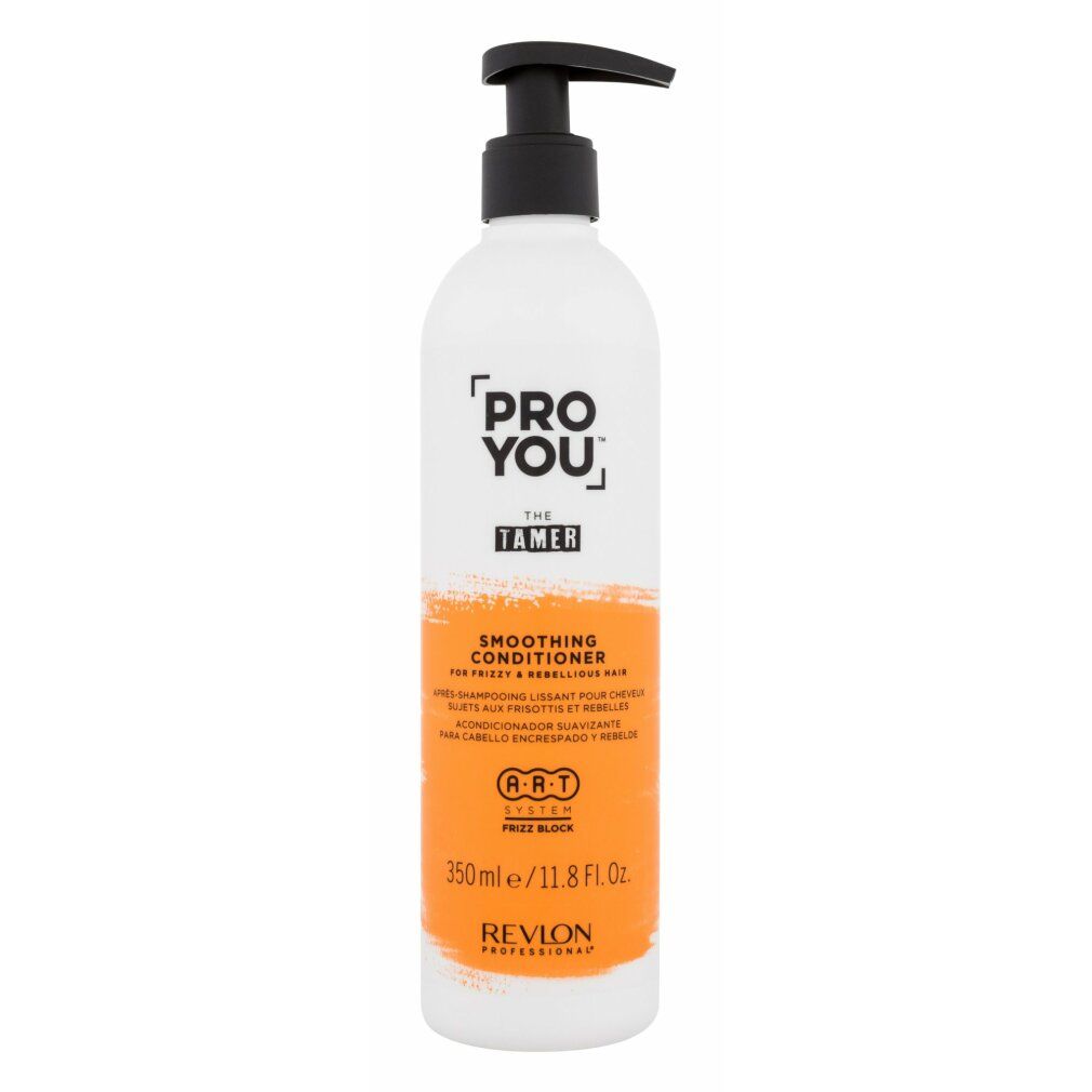 Flacone bianco con erogatore nero. Scritta: PRO YOU THE TAMER. Striscia arancione con testo. Revlon Professional.