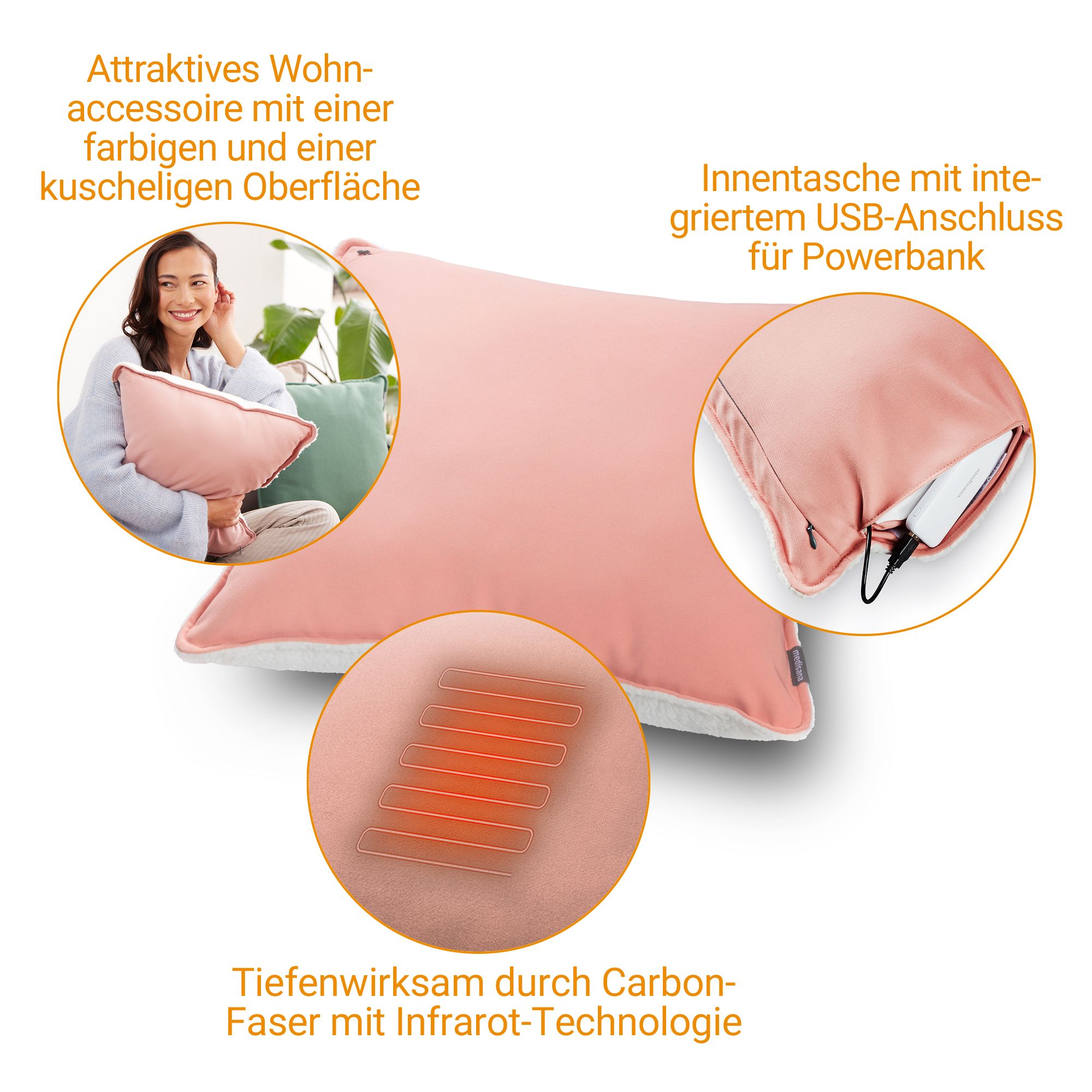 Cuscino riscaldante rosa con porta USB, fibre di carbonio e tecnologia infrarossi.