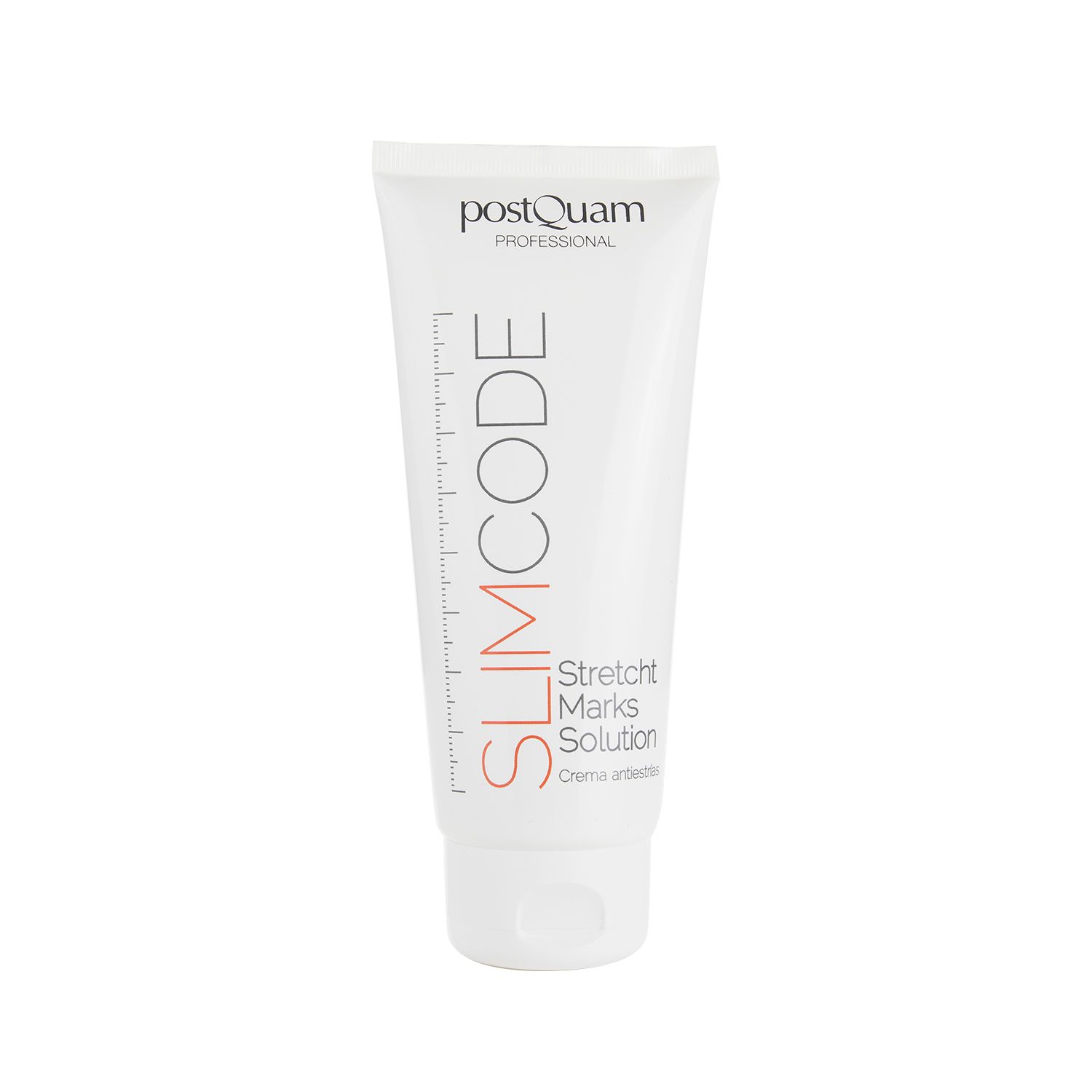 Tubo bianco con scritta rossa SLIMCODE e Stretch Marks Solution. Marchio Postquam.