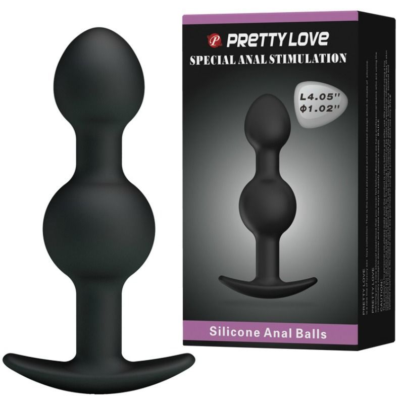 Sfere anali nere in silicone. Prodotto con confezione. Sulla confezione: marchio, nome del prodotto, dimensioni.