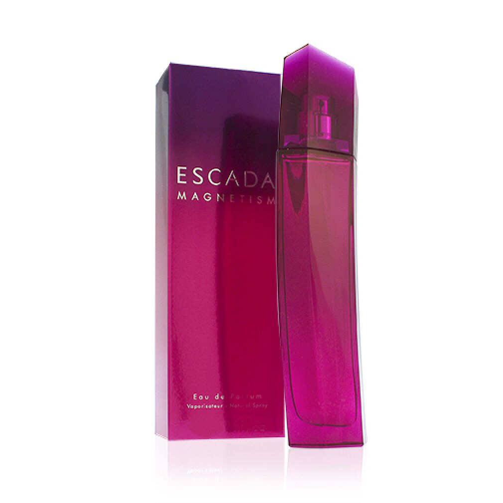 Escada Magnetism Eau de Parfum Spray. Flacone e confezione sfumata rosa-viola. Scritta Escada Magnetism.