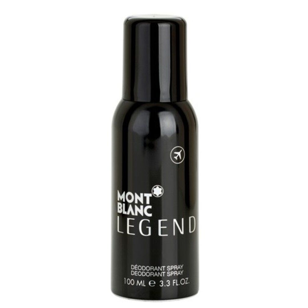 Flacone spray deodorante nero. Scritta: MONTBLANC LEGEND. Con logo e testo: DÉODORANT SPRAY, 100 ml.