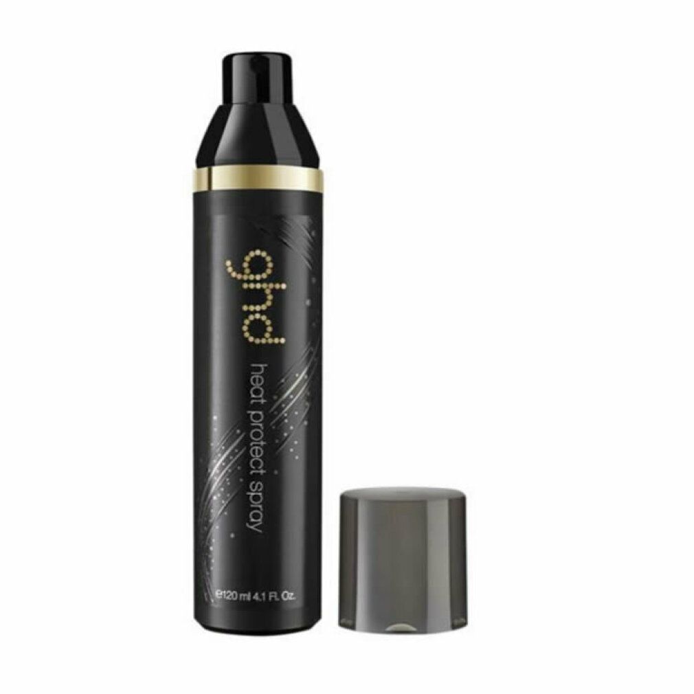 Flacone spray nero con scritta dorata: ghd heat protect spray. Tappo accanto.