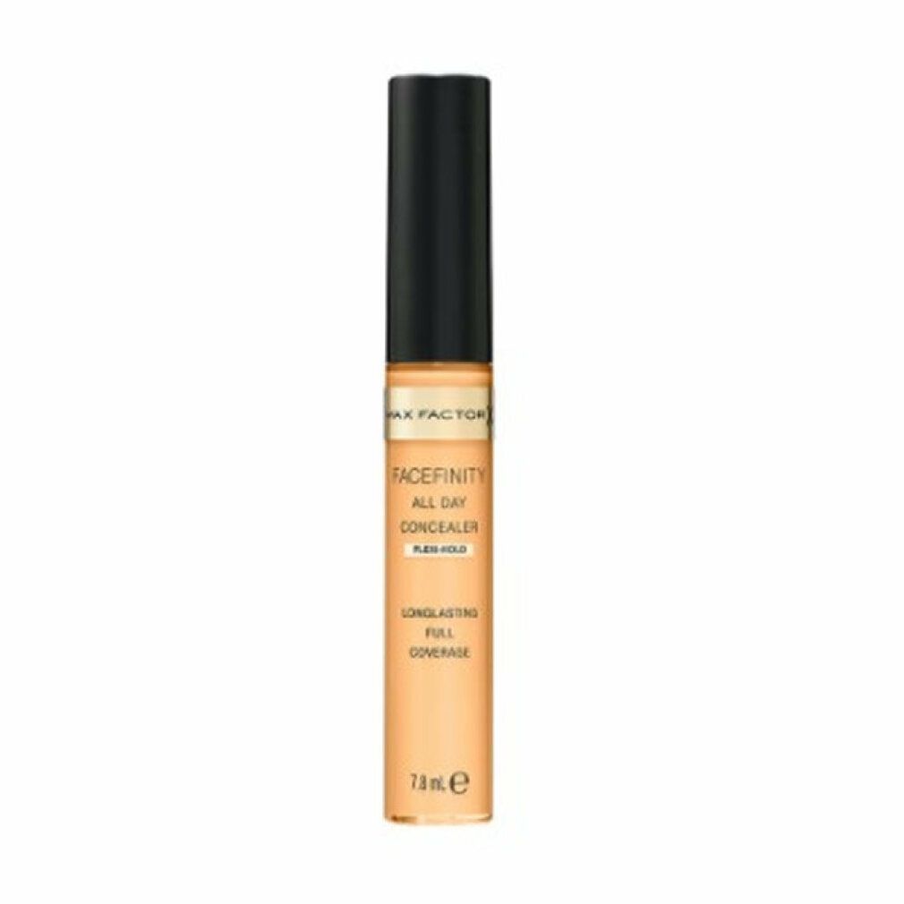 Correttore Max Factor Facefinity All Day. Tubo beige con tappo nero. Scritte: Facefinity, All Day Concealer, Flexi-Hold, 7,8 ml.