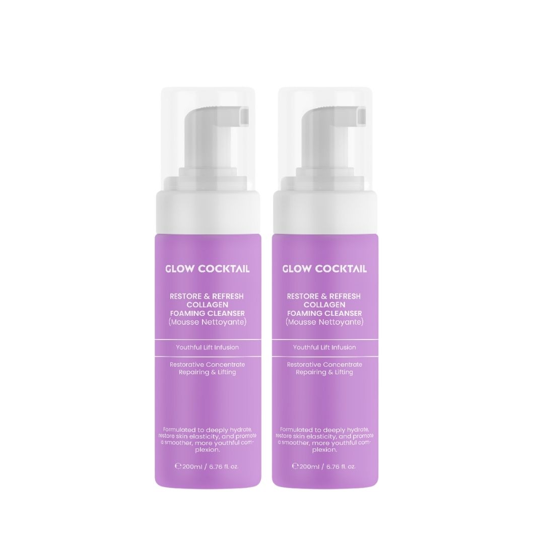 Due flaconi viola con erogatore bianco. Scritta: Glow Cocktail, Restore & Refresh Collagen Foaming Cleanser.