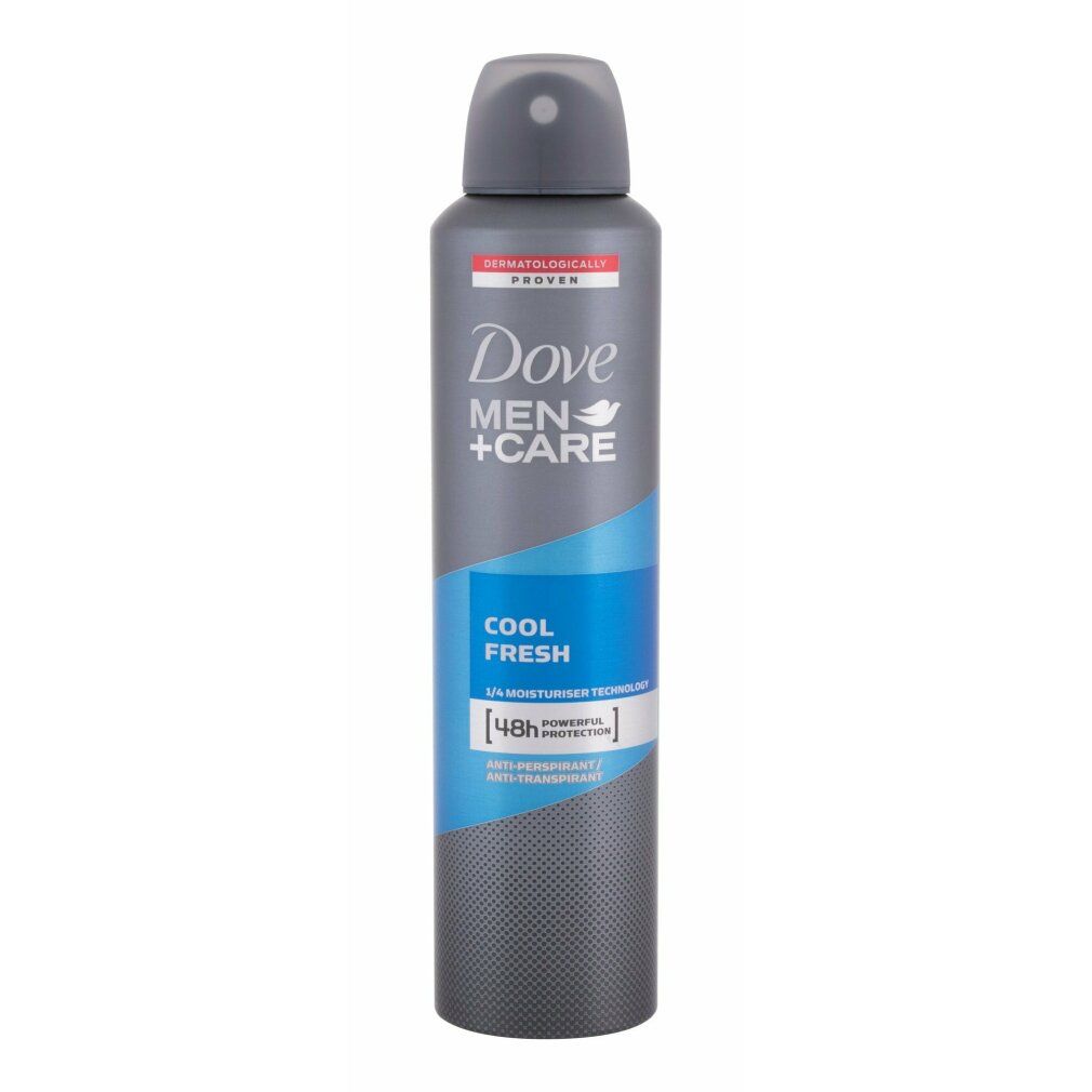 Spray deodorante Dove Men+Care Cool Fresh. Contenitore grigio con striscia blu. Testo: Cool Fresh, 48h Protection, dermatologicamente testato.